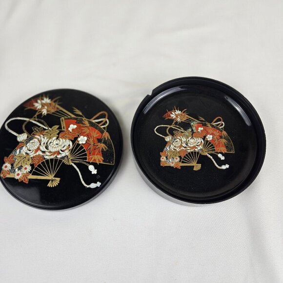 Set of 4 Black Coasters in Matching Round Box Asian Fan Design Lacquerware Vtg - Picture 3 of 10